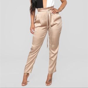 Satin sand / tan / taupe tie waist skinny pants